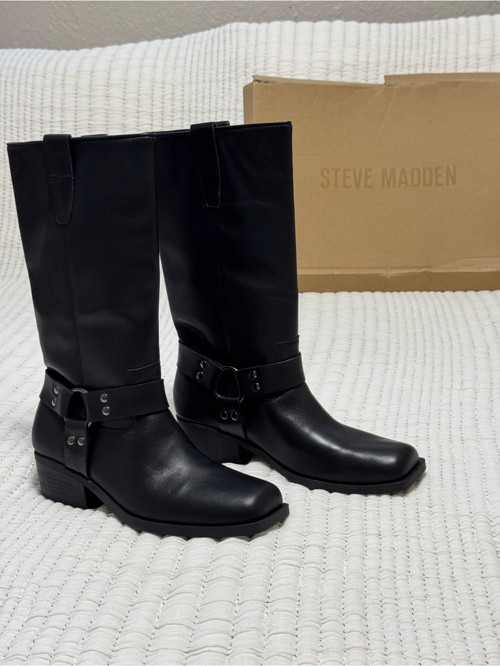 Steve Madden Black Leather Ruskin Moto Engineer Square Toe Boots Size 9.5M - Picture 4 of 6